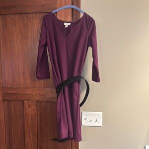 LOFT Plum Long Sleeve Dress with Black Belt